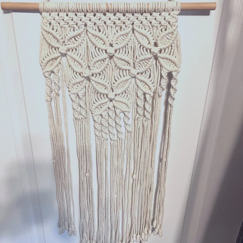 Macrame/Crocheted Wall Hanging-Ivory/Cream-Bohemian-Wood Dowel-Knots-Twist-Flow